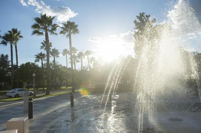 Hunsaker plaza fountain facing Colton Ave