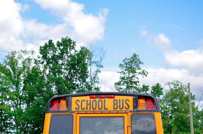 The rear facade of a yellow school bus.