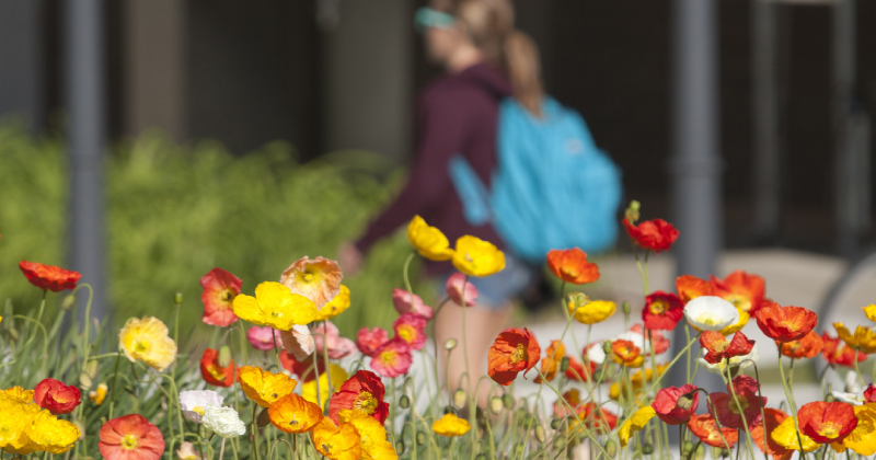 student walking and flowers